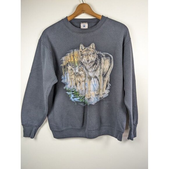 Vintage 90s Crewneck Sweatshirt Medium Wolf Animal Nature Outdoors Delta 80s USA - Picture 1 of 7
